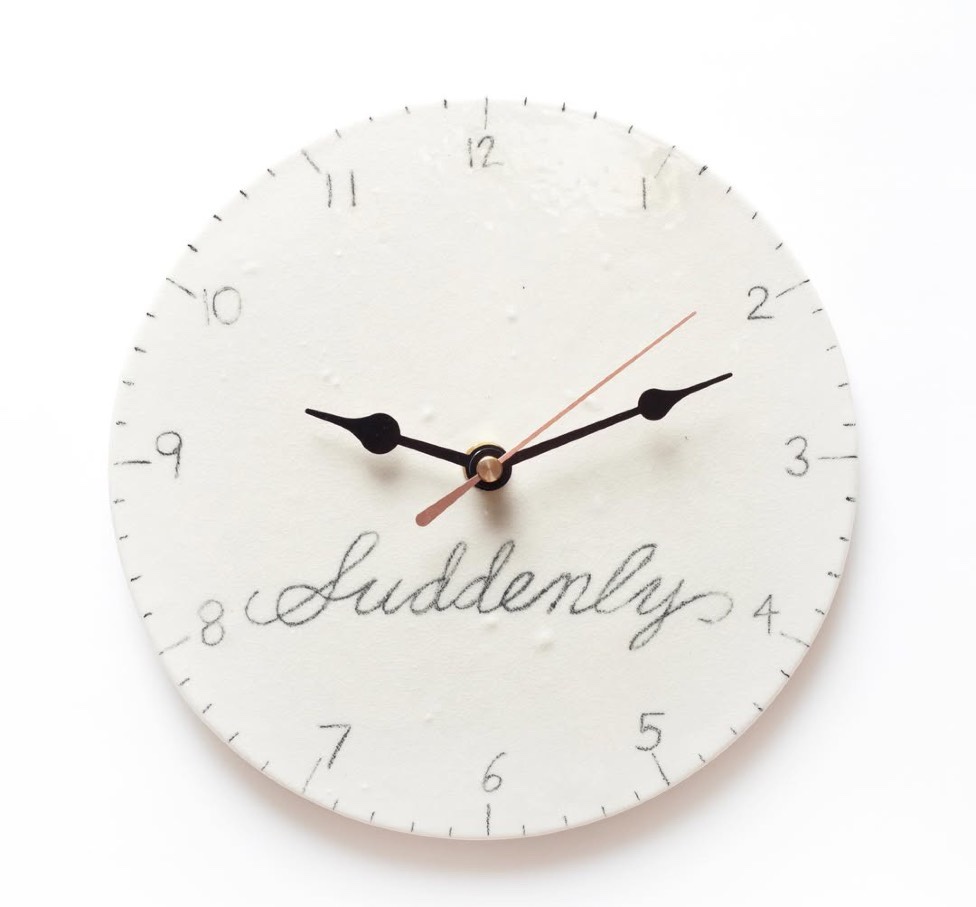 Brice James, Suddenly, 2025, Glazed stoneware, battery operated clock, 9 x 9 inches