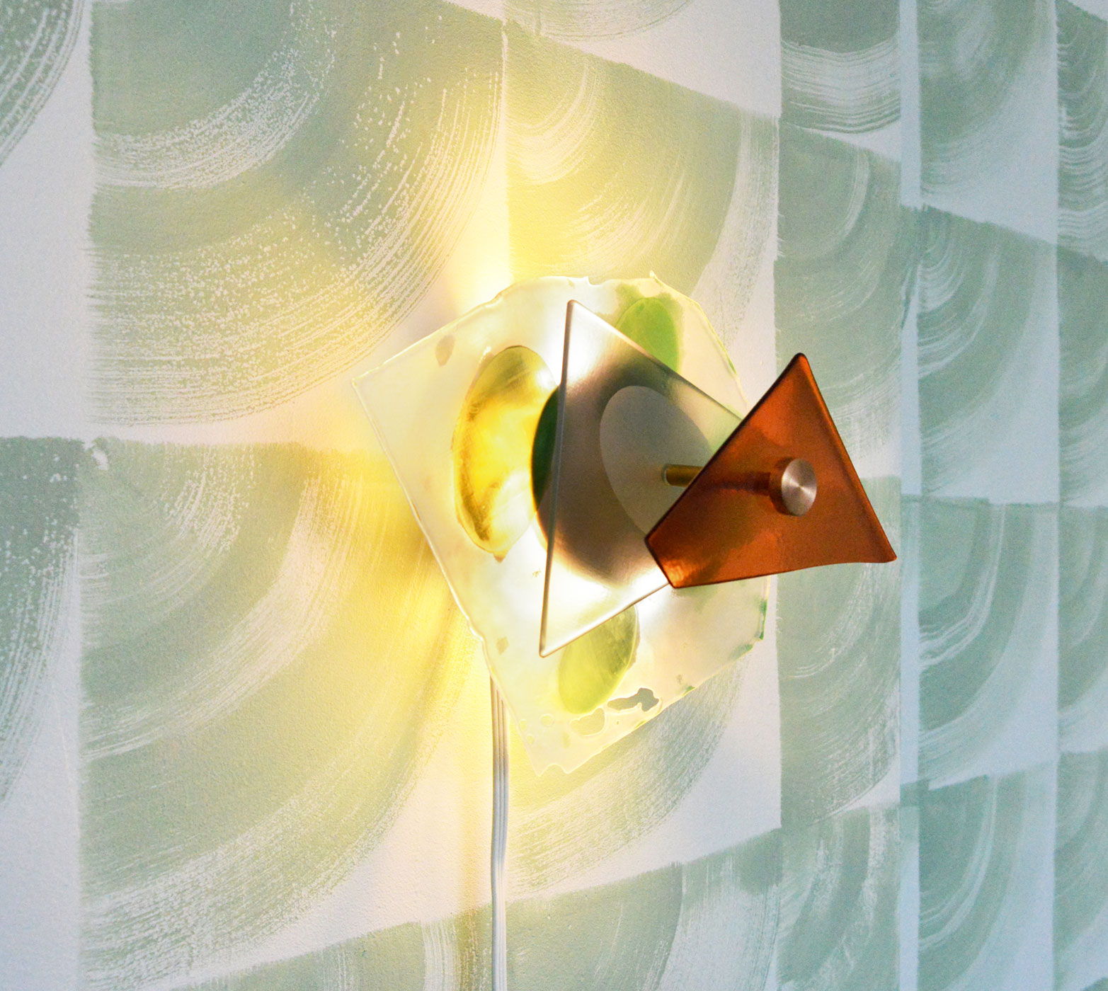 Olivia Booth, Glass Sheet Sconce XVII, 2017, 12” x 12” x 12”, Treated, etched and melted flash glass, brass fixture