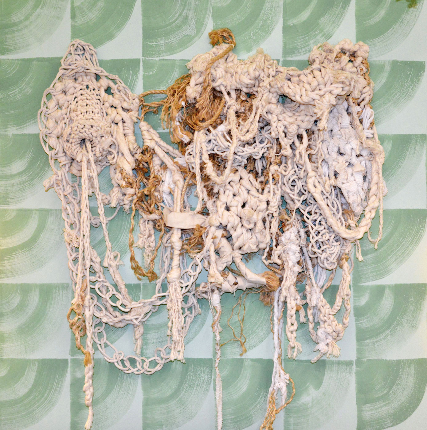 Tanya Aguiniga, Weighted Depletion 2, 2015, Cotton rope, canvas, sisal and terrycloth 84” x 50” x 7”