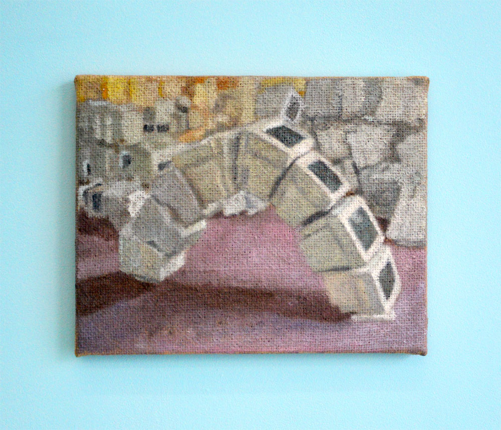 Jennifer J. Lee, Computers, 2017, oil on jute, 16 x 19 inches
