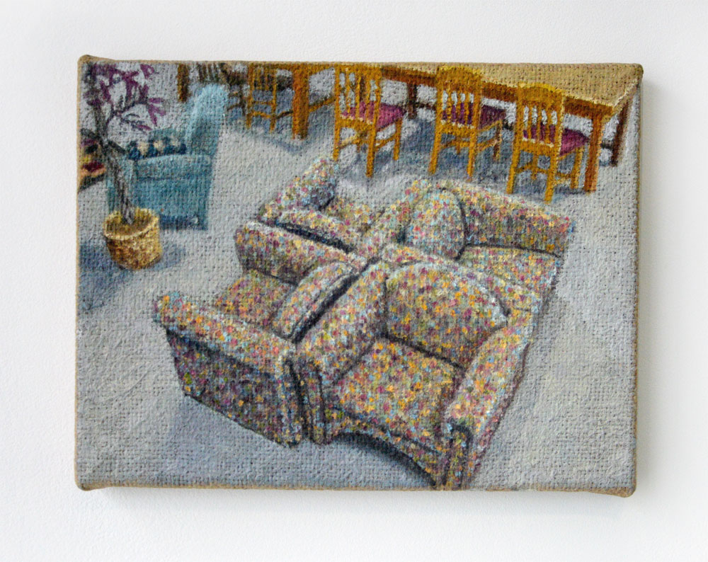 Jennifer J. Lee, Couches, 2018, oil on jute, 10 x 13 inches
