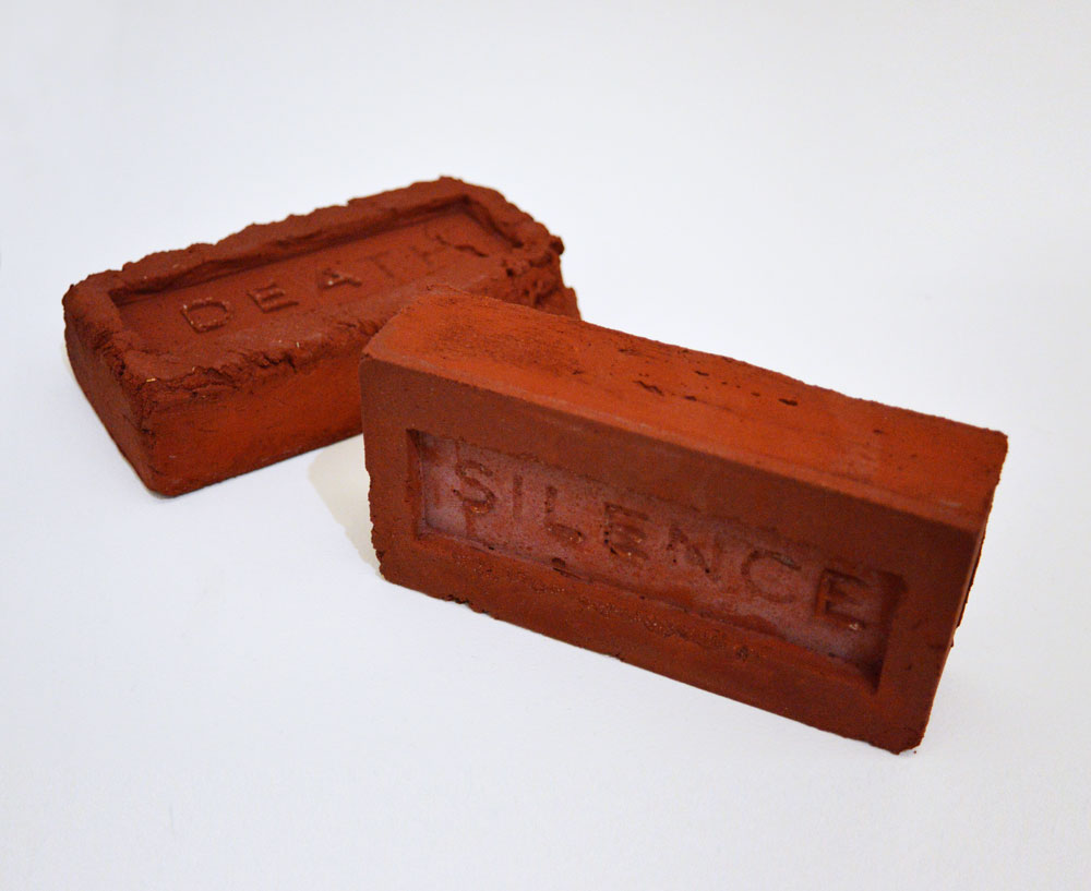 Aaron Sandnes, Bricks, 2019, stamped concrete, 8 × 3.5 × 2.25 inches each