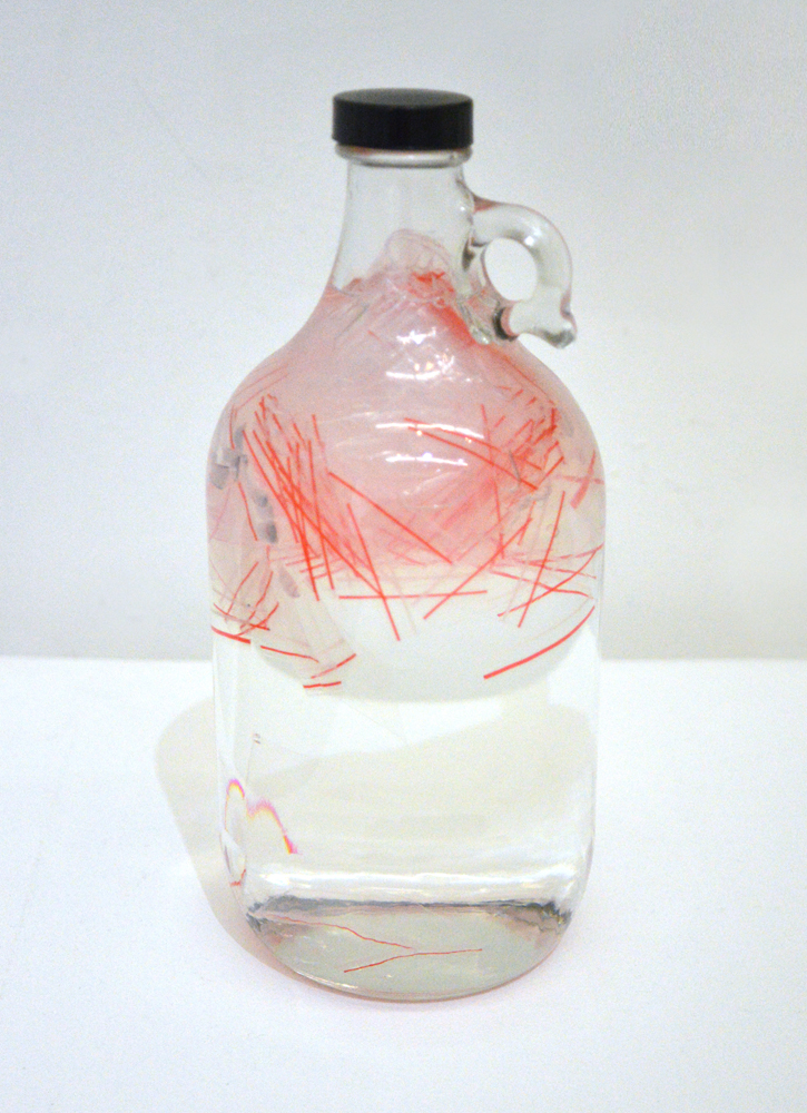 L, Spell to ward off chiping, 2019, Glass, zip lock baggies, mineral oil, mixed materials, 4.5 x 4.5 x 10.5 inches