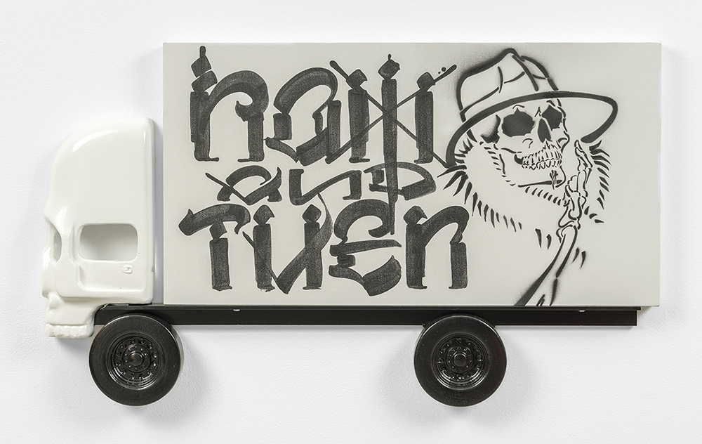 Pentti Monkkonen and Chaz Bojorquez, Now and Then, 2024, Powder coated aluminum and acrylic on canvas, 25 x 42 x 2.5 inches, Photography: Chris Young