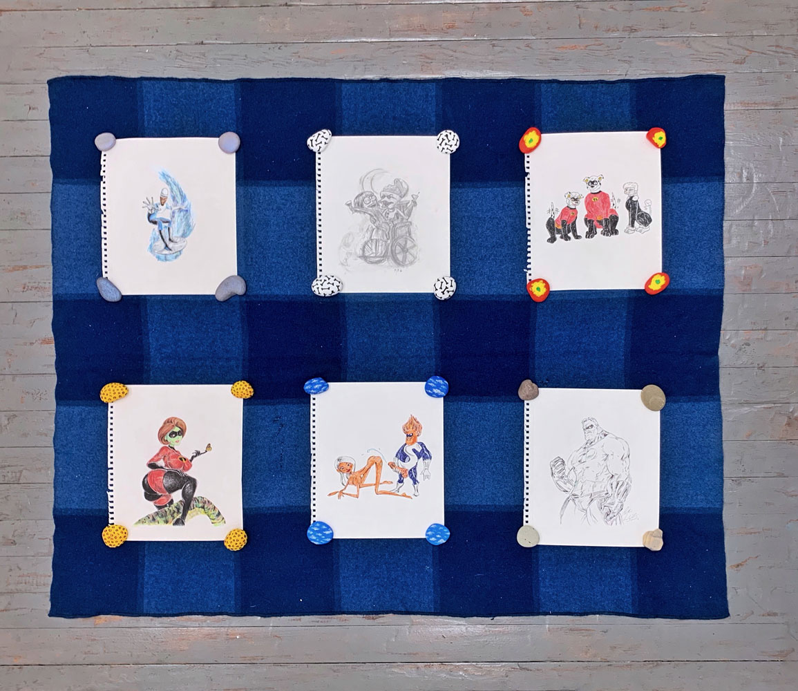 Brendan Lynch, Q: well what are you waiting for? A: i don’t know, something amazing I guess, 2019, blanket, painted rocks, paper, colored pencil, ink, and graphite, 59 x 48 inches