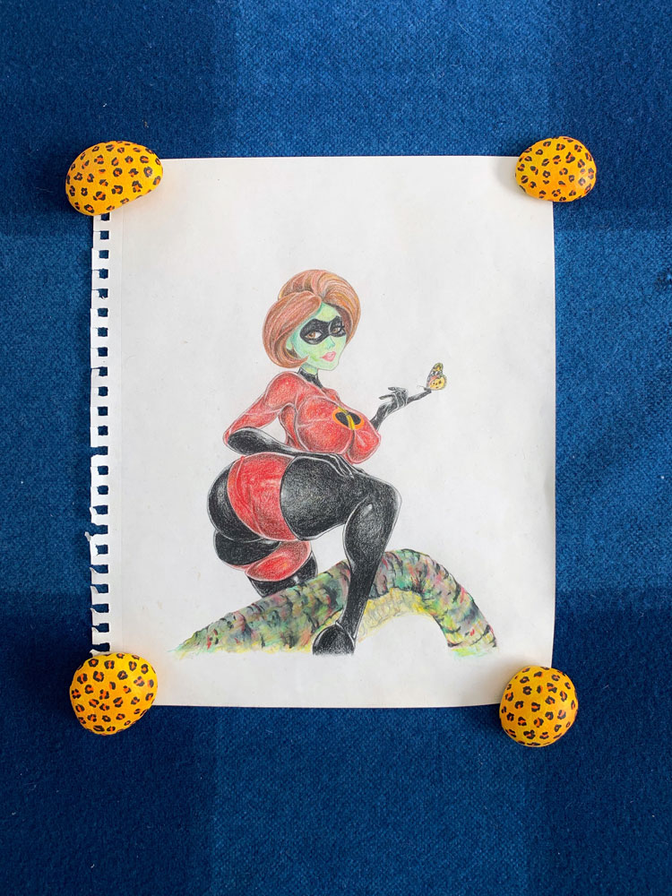 Brendan Lynch, Q: well what are you waiting for? A: i don’t know, something amazing I guess, 2019, blanket, painted rocks, paper, colored pencil, ink, and graphite (detail)