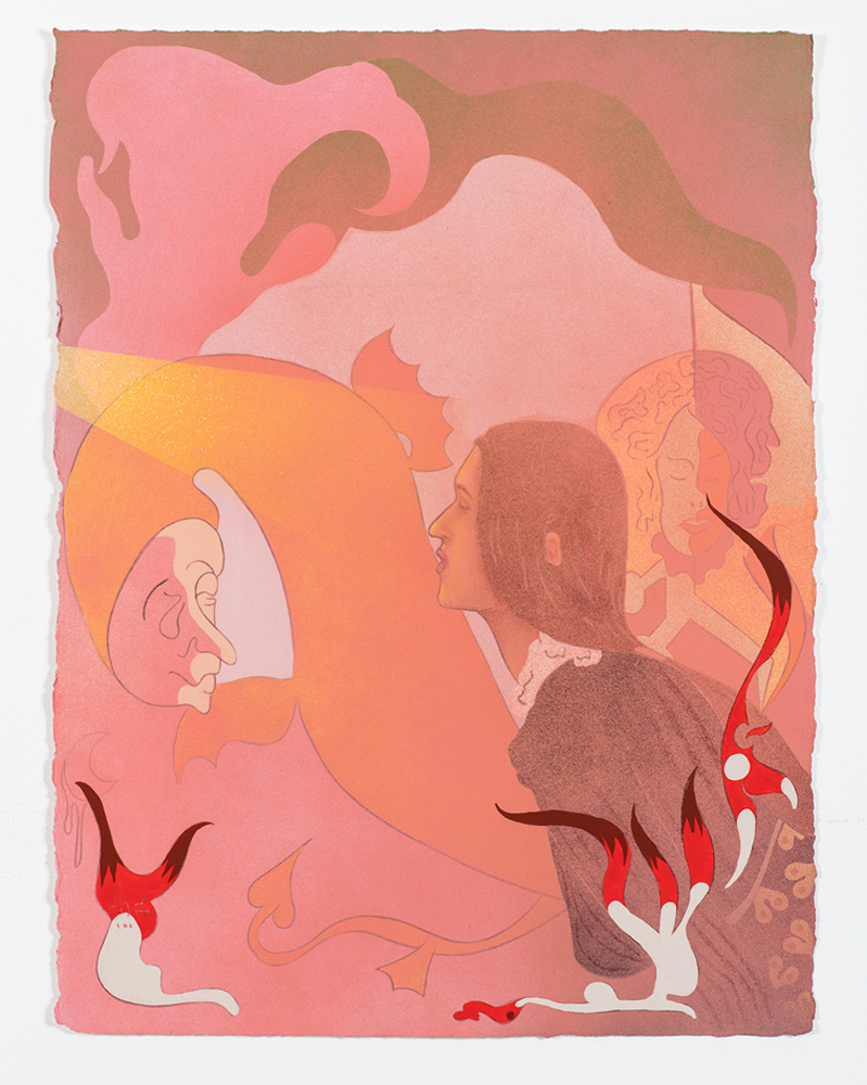 Chris Lux, Nightmare in Pink, 2019, Flashe and pastel on watercolor paper, 30 x 22 inches