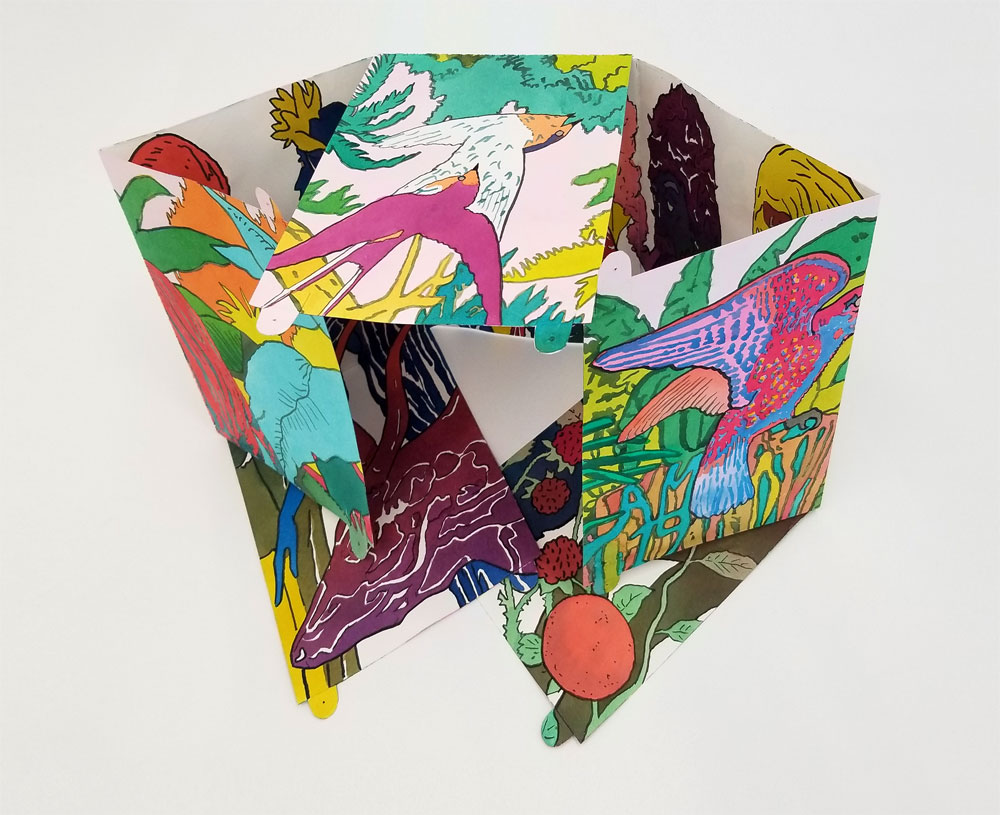 Aaron Morse, The Humans / The Jungle, 2019, Acrylic and watercolor on paperFold-out book, 8 sheets joined, Each approx. 8.5 x 7 inches, Overall 27 x 35 inches