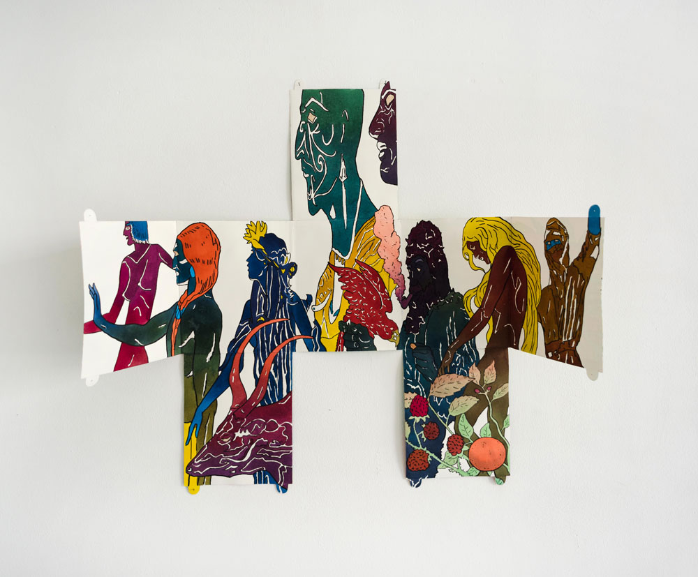 Aaron Morse, The Humans / The Jungle, 2019, Acrylic and watercolor on paperFold-out book, 8 sheets joined, Each approx. 8.5 x 7 inches, Overall 27 x 35 inches