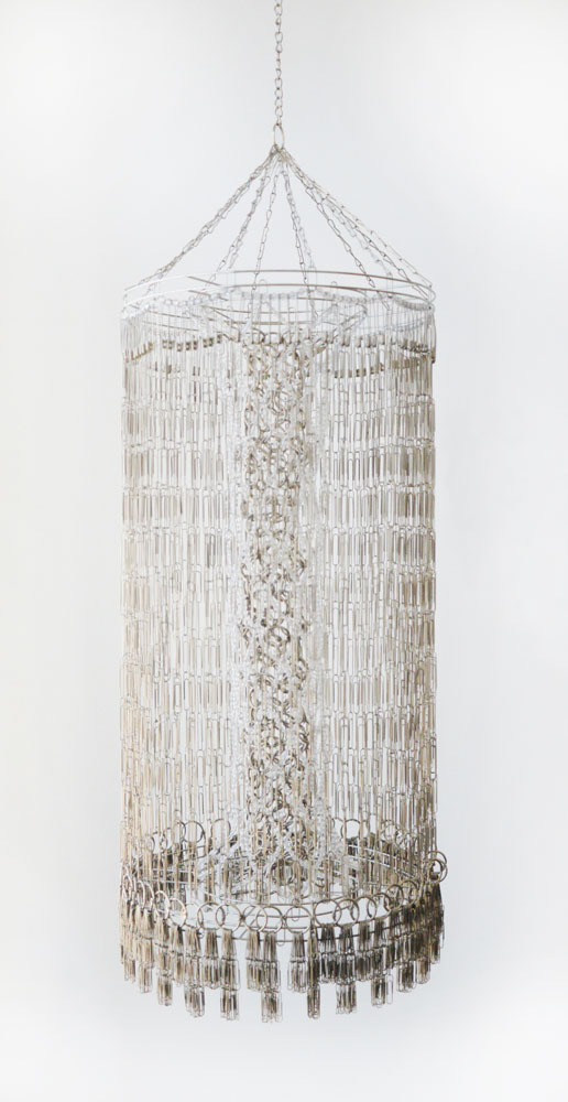 Annie Pendergrast, Cover Up the Goods, 2018, Paper clips, safety pins, binder rings, plastic beads, wire, chain, 15 x15 x 37 inches 