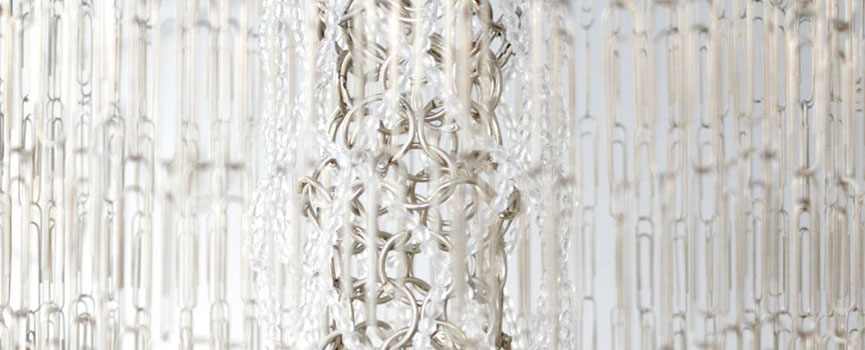 Annie Pendergrast, Cover Up the Goods, 2018, Paper clips, safety pins, binder rings, plastic beads, wire, chain, 15 x15 x 37 inches (detail)